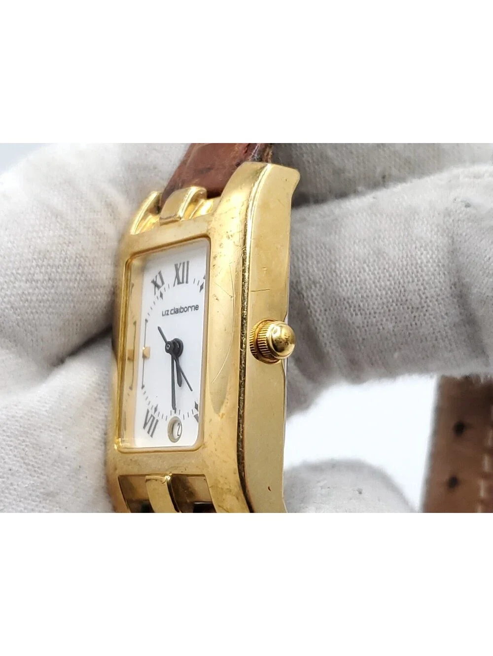 Liz Claiborne Quartz Watch Women New Battery Gold Tone White Date Dial Rectangle